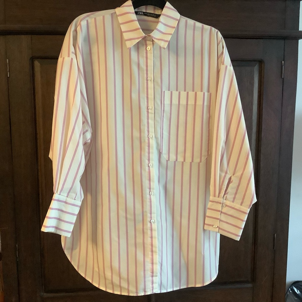 ZARA striped oversized button down shirt M